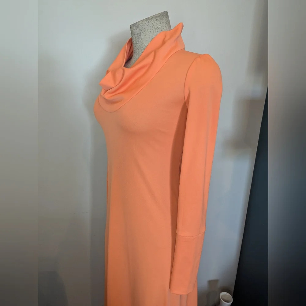 Vintage 1970s Coral Maxi Dress Bias Cut Cowl Neck Long Sleeve Retro Dress Size 6 - Picture 10 of 10